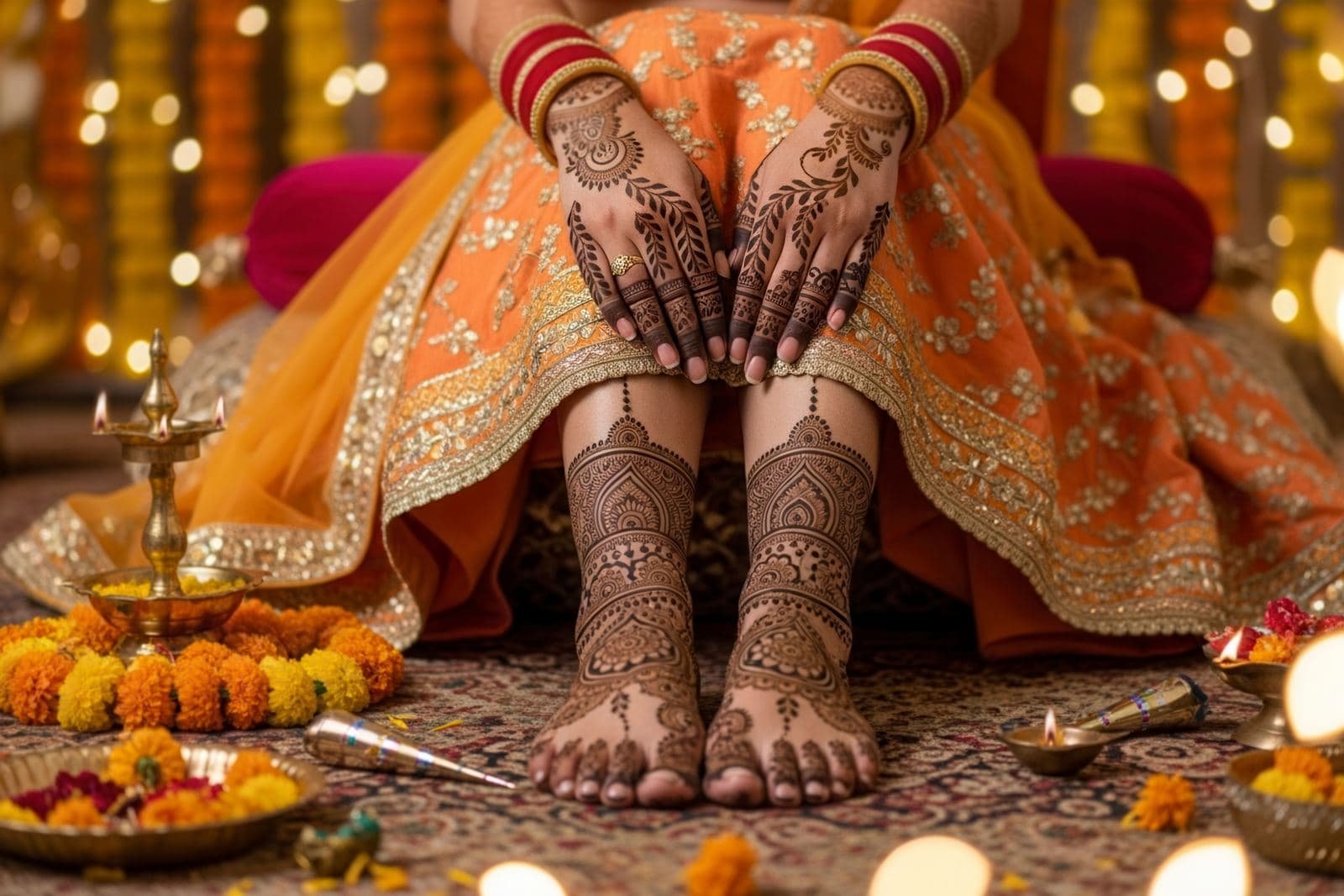 Bride’s hands and feet decorated with mehendi